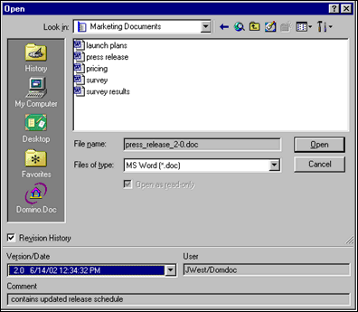 Office 2000 Open dialog box, provided by Domino.Doc, showing revision history.