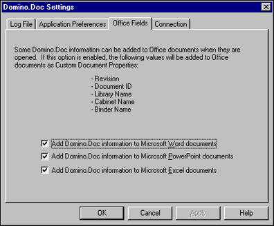 Office Fields tab, showing Domino.Doc information for a selected document.