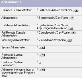 Administrators section of Server document