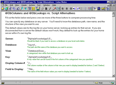 A document created with the @DbColumns and @DbLookups vs. Script Alternatives form