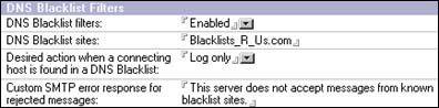 DNS Blacklist Filters screen