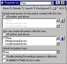 Form properties, Security tab