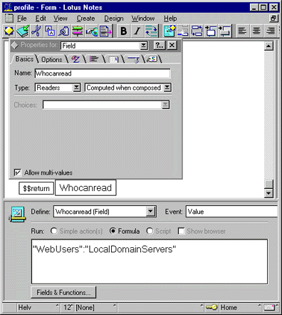 Sample form with Readers field