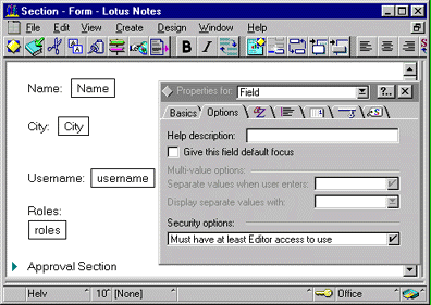 Sample form with field properties, security options selected