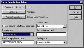 Notes Registration Setup dialog box