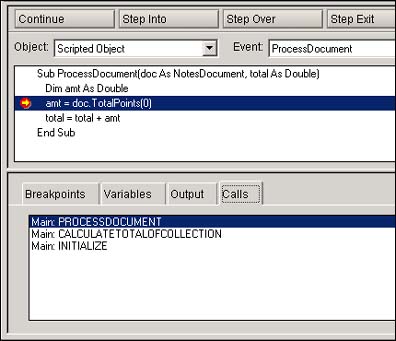 LotusScript Debugger - Calls tab