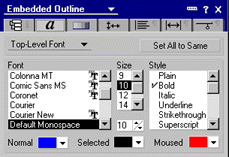 The Fonts tab of the Embedded Outline Properties box